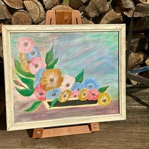 Vintage Original Floral Oil Painting on Canvas “Riot of Color” Custom Wood Frame